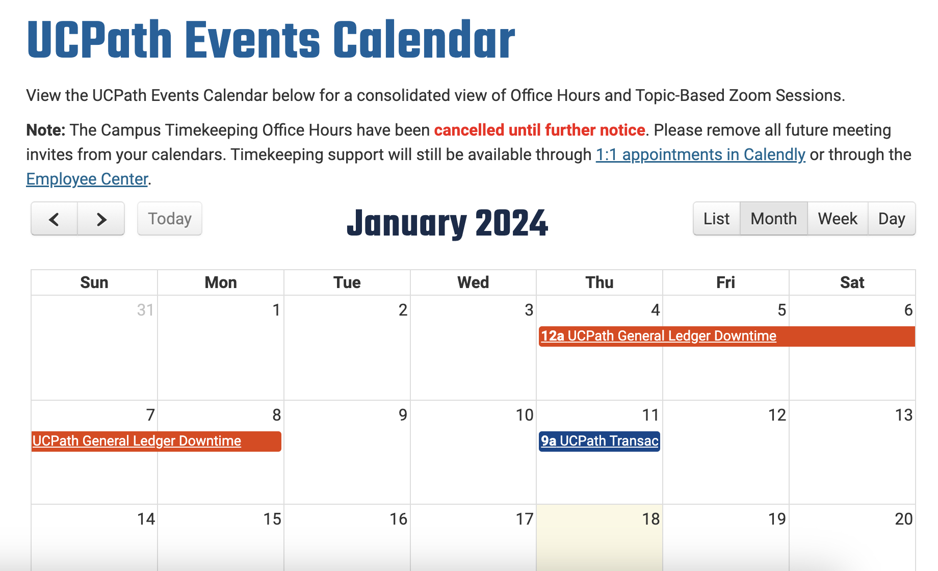 screenshot of ucpath events calendar page