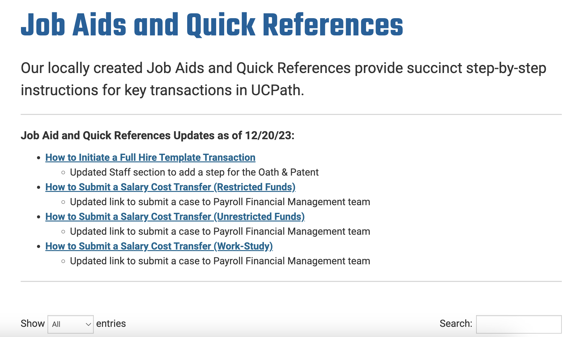 screenshot of ucpath job aids wepage